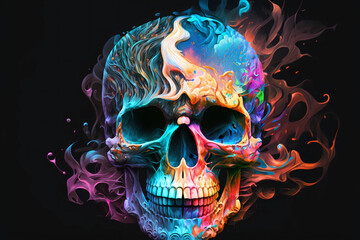 An abstract design of a skull painted with colorful watercolors on black background