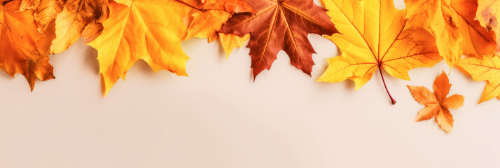 Naklejka na ściany i meble Autumn background with maple leaves - Generative AI