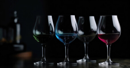 Colorful Cheers: Four wine glasses with different colored liquid, each half-filled, sitting on a dark background. Generative AI