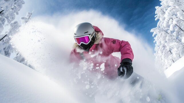 Snowboarding through white powder