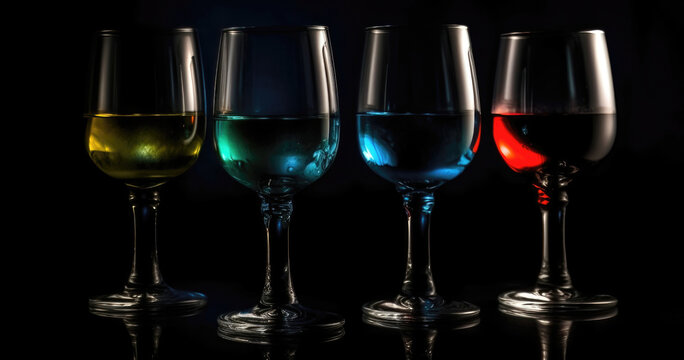 Dark Elixirs: Four wine glasses with different colored liquid, each half-filled, sitting on a dark background. Generative AI