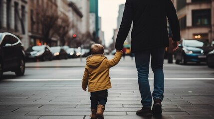 Father holding hands with toddler boy on street