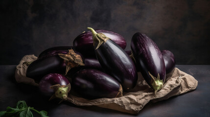 Bunch of ripe organic polished eggplants laid in composition on grunged stone background. Aubergine vegetables at table counter. Generative AI