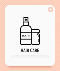 Hair care thin line icon. Cosmetic treatments in glass bottle with spray. Modern vector illustration for beauty shop.