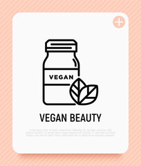 Vegan beauty thin line icon: glass bottle with leaf. Modern vector illustration for organic shop.