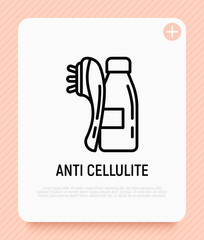 Anti cellulite treatments thin line icon: body massager and body oil in glass bottle. Modern vector illustration for beauty shop.
