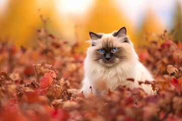 Naklejka na ściany i meble Group portrait photography of a happy ragdoll cat playing against a rich autumn landscape. With generative AI technology