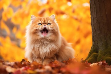Naklejka na ściany i meble Full-length portrait photography of a smiling persian cat meowing against a rich autumn landscape. With generative AI technology