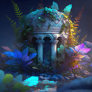  Illustration of a dreamy, fantasy greek temple in vaporwave aesthetic on dark background. Turquoise and pink pastel colors with orange highlights. Temple made of white marble.