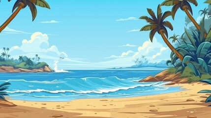 Fototapeta na wymiar Cartoon background of tropical beach and sea