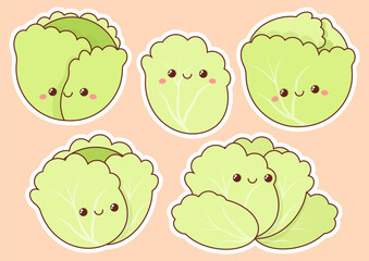 Set of different cabbage in kawaii style