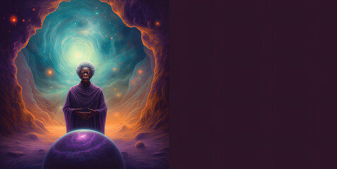 Black woman meditates in cosmos, wise elder african woman connecting with the universal consciousness. Concept. Generative AI.