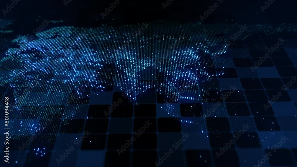 Poster slowly changing illumination of a digital map of the earth. movable camera. lights of megalopolises 
