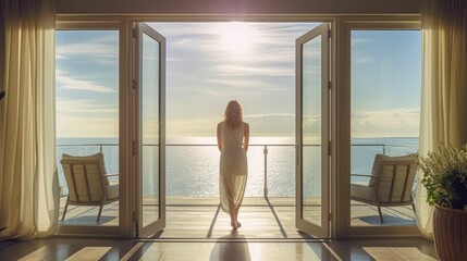 Young woman standing at sunny patio door with ocean view