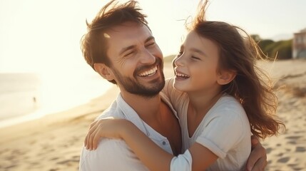 Obraz premium Happy family hugging on a sunny beach