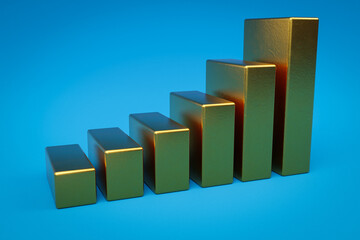 gold metal cubes stair raising graph in a row; infinite colorfull background; 3D Illustration