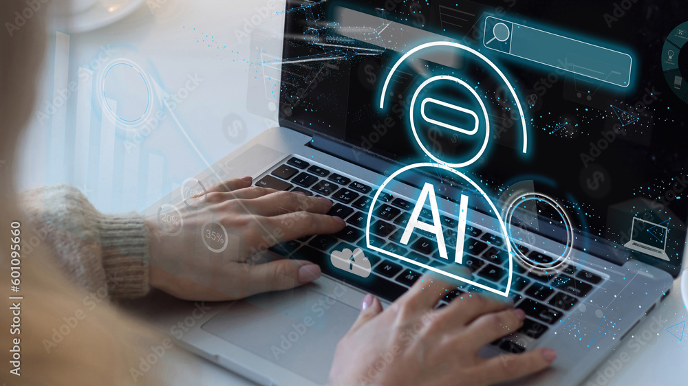 Poster woman using computer chatting with an intelligent artificial intelligence asks for the answers wants