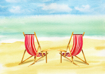 watercolor pair of sunbed on the sea coast, red and white striped deckchairs on the beach, sketch of seascape, summer illustration