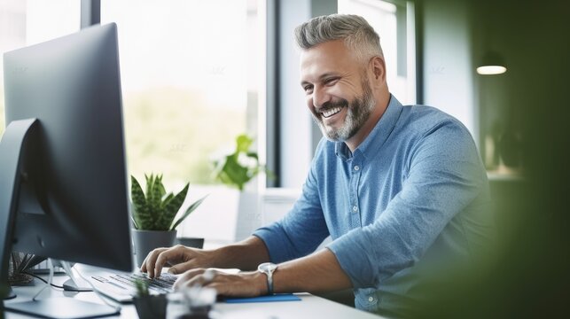 Smiling businessman working on computer in office