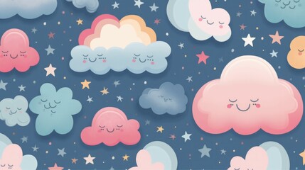 Blue sky with fluffy pink clouds and rainbow