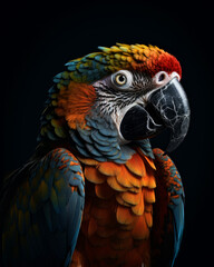 Obraz premium Pretty parrot on dark background. Portrait of colorful exotic bird. generative ai.