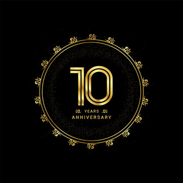 10 years anniversary with a golden number in a classic floral design template