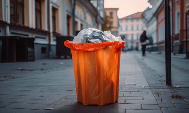 Modern rubbish container in city. Trashcan in urban city. generative ai.