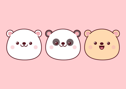 Set of panda and bear heads in kawaii style