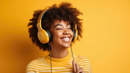 Black woman listening to music in headphones