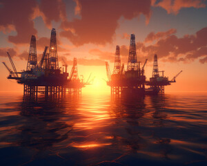 Fototapeta na wymiar Platform silhouette gas dig scenery. Oil digging in ocean. generative ai.
