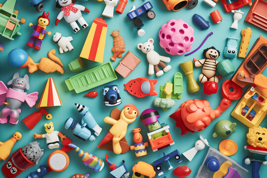 Different wooden and plastic kids toys on blue background. Top view, flat lay. ai generated art Generative AI