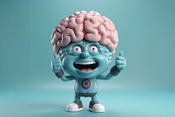 3d illustration of brain cute character with thumb up. Ai generated