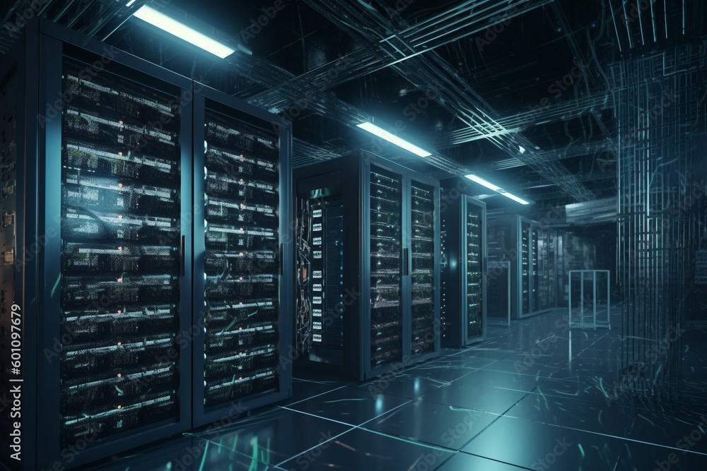 Poster information technology infrastructure with server racks and storage arrays , generative ai