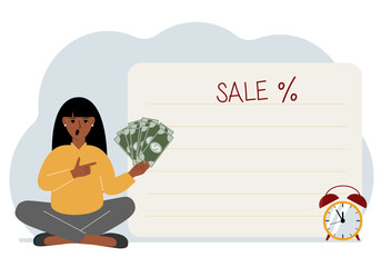 The women sits cross-legged and holds a lot of cash. Nearby is a poster with the text sale and a percent sign. Sale, discount or black friday concept.