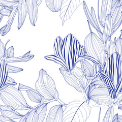 Exotic flowers and palm leaves illustration. Blue white seamless pattern.