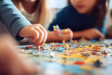 Children playing with engaged in a board game close up ai generated art Generative AI