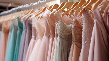 Many Ladies Evening Gown Long Dresses on Hanger in the Dressing Room