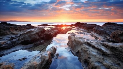 Fototapeta na wymiar Sunrise Reflection on Rocky Seashore