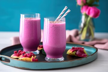 Purple drink of exotic dragon fruit in glasses on a tray on the table. blue background. generative ai