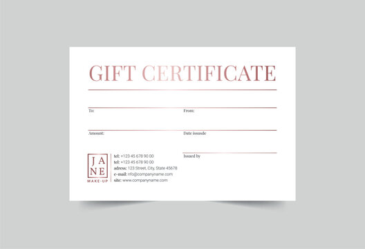 Makeup Artist gift certificate template. A clean, modern, and high-quality design gift certificate vector design. Editable and customize template gift certificate