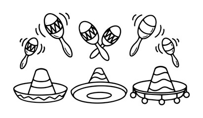 Mexican sombrero and Maracas vector collection. Black and white line illustrations of traditional Mexican hat and musical instrument for Cinco de Mayo