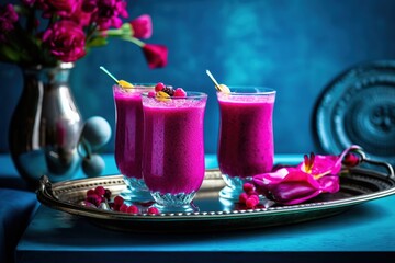 Purple drink of exotic dragon fruit in glasses on a tray on the table. blue background. generative ai