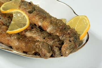 roasted fish river lamprey (lampetra fluviatilis) on a bread