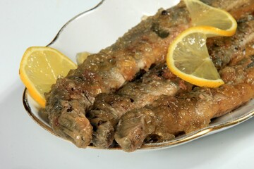 roasted fish river lamprey (lampetra fluviatilis) on a bread