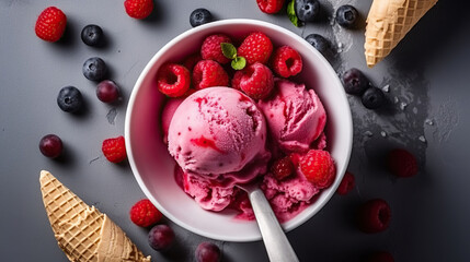 Raspberry ice cream in white bowl overhead shot. Generative AI - obrazy, fototapety, plakaty