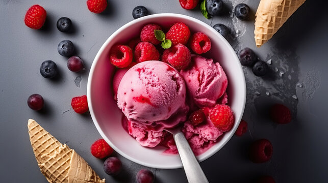 Raspberry Ice Cream In White Bowl Overhead Shot. Generative AI