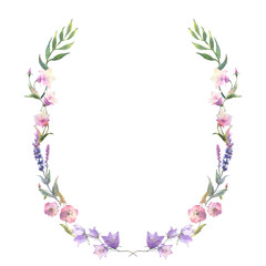 Fototapeta na wymiar Watercolor painted floral wreath on white background. purple, blue, white and pink wild flowers. Good for cosmetics, medicine, treating, aromatherapy, nursing, package.