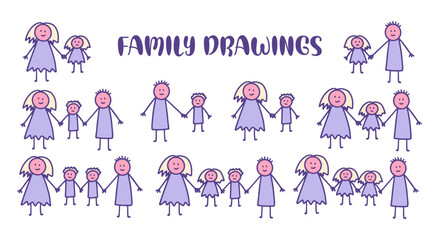 Set of kids doodle with different family drawings. Mom, dad and children, son and daughter. Single parent or full family vector illustration.