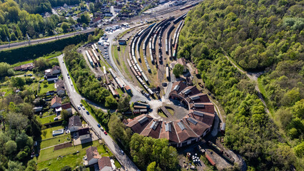Aerial view of the railway roundhouse of Longueville in Seine et Marne, France - Turntable allowing locomotives to be serviced in different workshops arranged in a semi-circular building