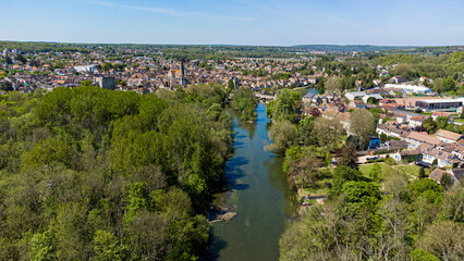 Aerial view of the medieval town of Moret-sur-Loing in Seine et Marne, France